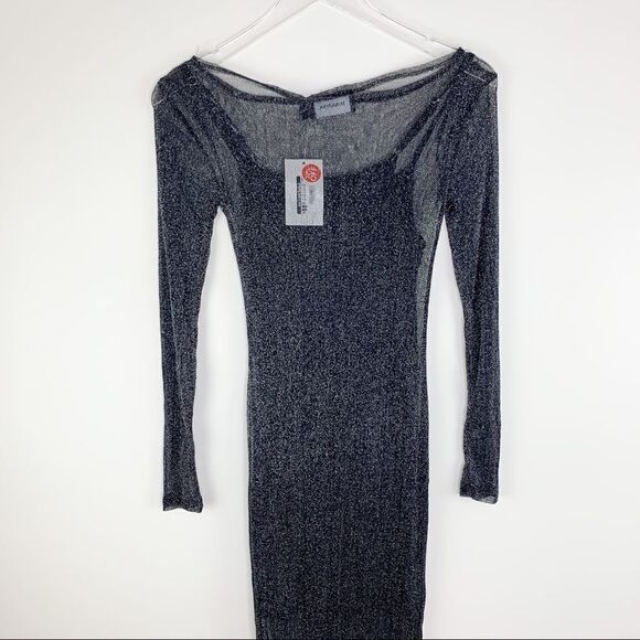 MINKPINK In the Night Black Sheer Sparkle Mesh Midi Dress Over Slip Dress XS NWT - Picture 7 of 16